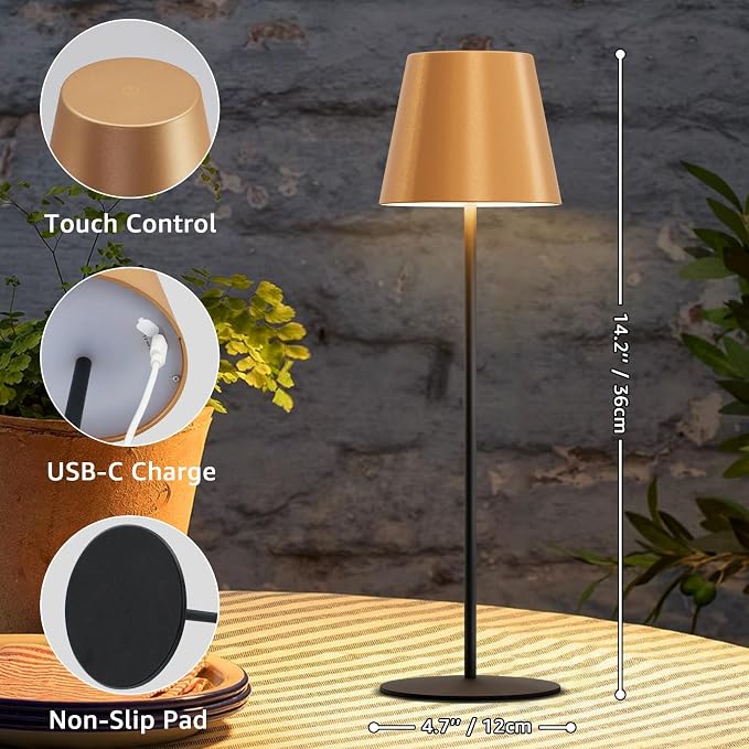 uuffoo 2 Pack Cordless Table Lamp Rechargeable 5000mAH Battery Operated Lights Touch Control LED Portable Desk Lamps 3 Color Dimming for Outdoor Coffee Bedroom Kitchen (Gold+Black) - Image 3