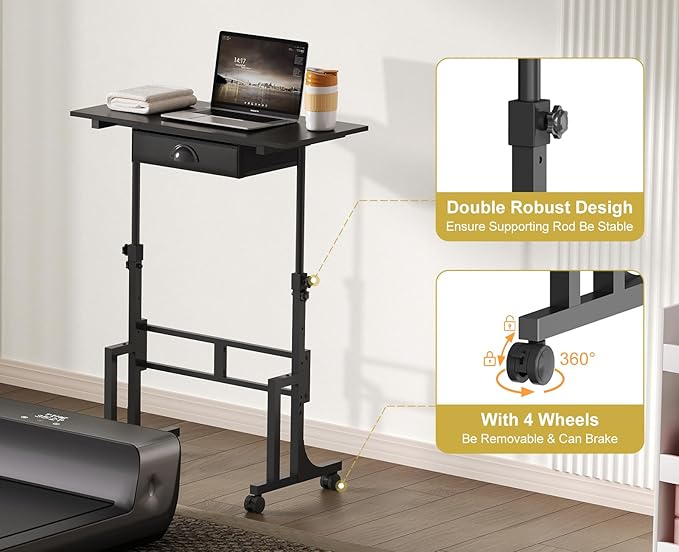 Adjustable Height Standing Desk With Drawer, Rolling Sit Stand Up Desk With Wheels, Small Sit To Stand Computer Desk, Adjustable Desktop Height, On Wheels, Black, For Walking Pad Laptop Treadmill - Image 5