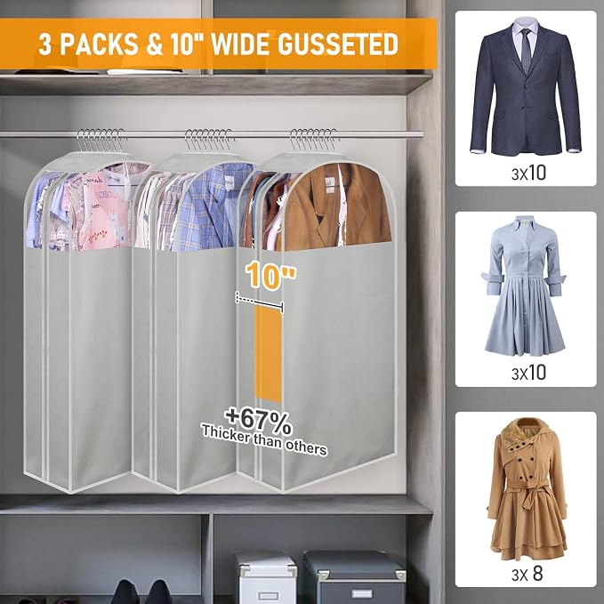 MISSLO 10" Gusseted Garment Bags for Hanging Clothes 40" Clear Suit Bags for Closet Storage Suits Cover Coat Protector, 3 Packs, Grey - Image 2