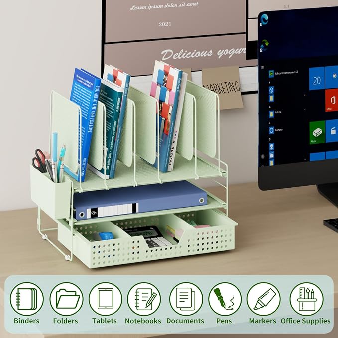 LEKETREE Green Desk Organizer, Office Organization with Vertical File Holder, File Organizer with Drawer and Pen Holder, Desk Accessories and Workspace Organizers for Home Office (Green) - Image 2