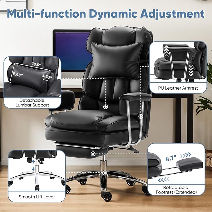 DUMOS Ergonomic Home Office Desk Chair, Executive Chair, PU Leather | Big Tall High Back, Lumbar Support, Reclining Height Adjustable, Computer Gaming, Footrest Swivel Wheels, Black - Image 6