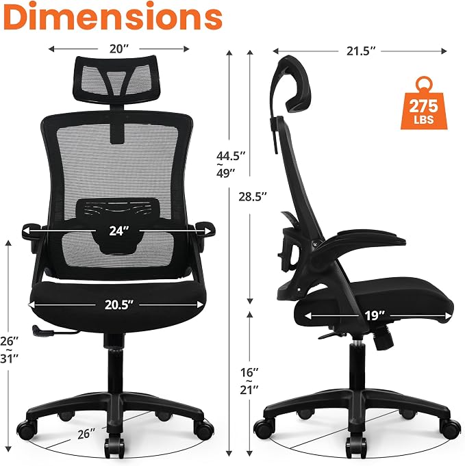 NEO CHAIR Office Desk Chair with Ergonomic High Back Mesh Headrest, Black | Adjustable Headrest and Lumbar Support with Flip-Up Armrests Designed for Extended Sitting Comfort While Saving Space - Image 2