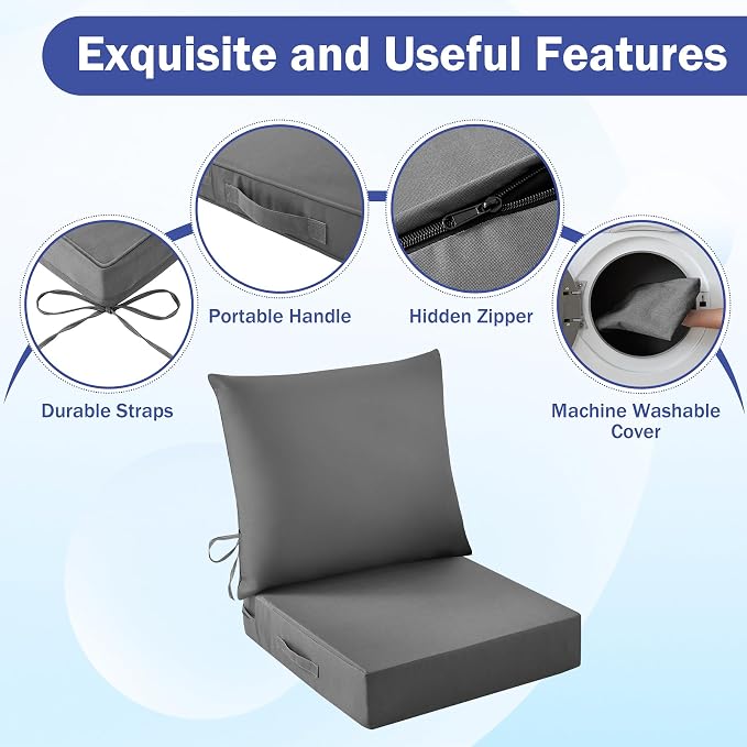 Outdoor Chair Cushions, 24 x 24 Inch Outdoor Cushion for Patio Furniture, Patio Chair Cushion, Waterproof & Fade Resistant Deep Patio Furniture Cushions Set with Handle and Ties, Dark Grey (Set of 6) - Image 5