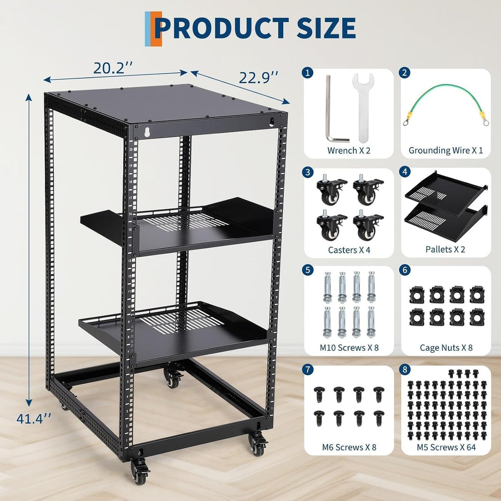 20U Open Frame Network Rack, 22"-40" Adjustable Depth, Wall Mount & Freestanding Server Rack with Lockable Casters + 2Pack 1U Shelves, Heavy Duty for IT AV Gear - Image 6