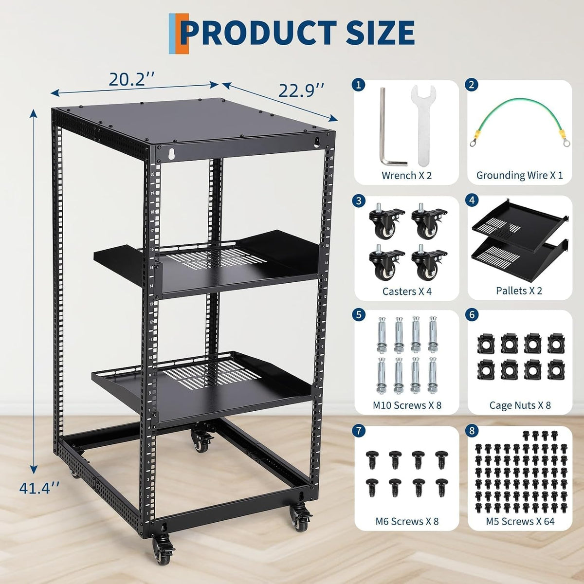 20U Open Frame Network Rack, 22"-40" Adjustable Depth, Wall Mount & Freestanding Server Rack with Lockable Casters + 2Pack 1U Shelves, Heavy Duty for IT AV Gear - Image 6