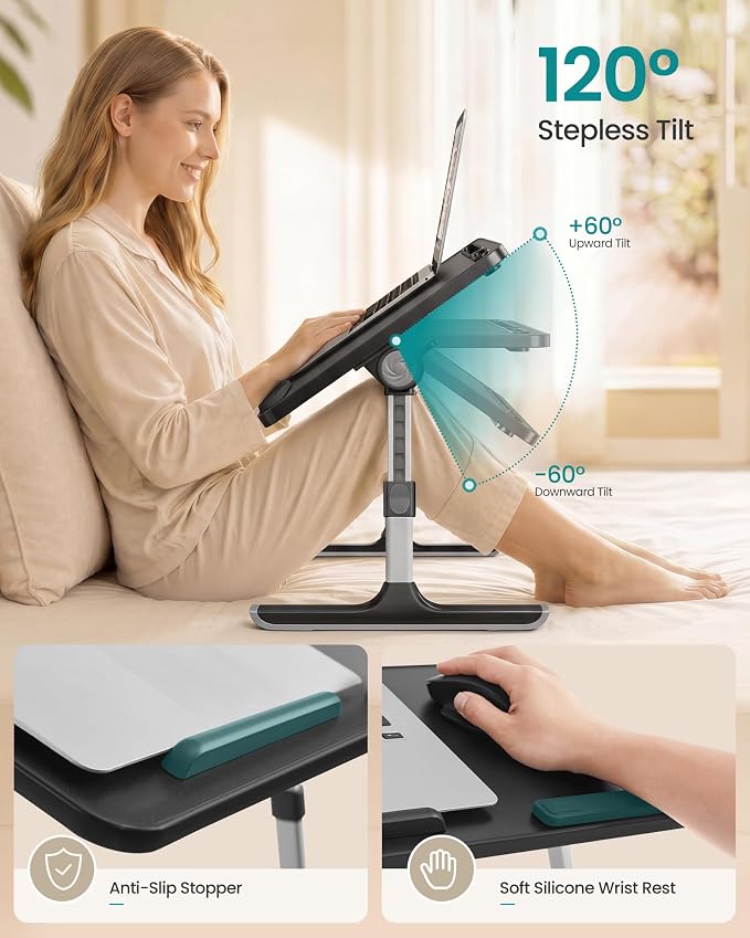 SONGMICS Bed Laptop Desk, Adjustable Laptop Desk for Bed with 8 Heights, Portable Foldable Bed Table, for Bedroom and Living Room, 23.6 x 15.7 x 9.8 Inches, Ink Black ULLD118B101 - Image 3