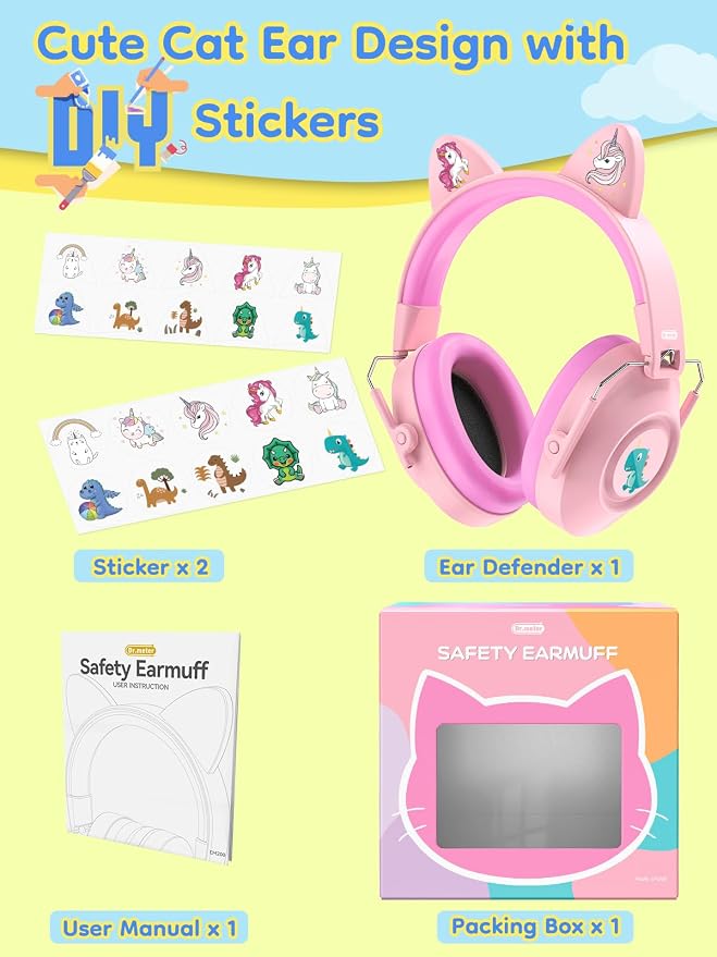 Dr.meter EM200 Noise Cancelling Headphones for Kids Cute Cat Ear Muffs | 32dB Kids Ear Protection Ear Muffs Toddler Hearing Protection Earmuffs for Fireworks, Concerts, Autism Sensory w/ Stickers - Image 6