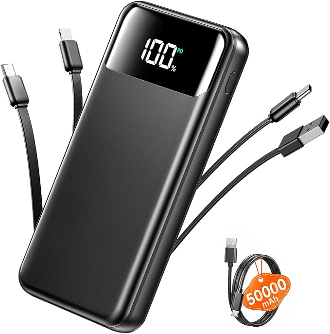 OHOVIV 50000mAh Power Bank, PD22.5W Portable Charger with 4 Built-in Cables | Power 6 Devices at Once,Fast Charging,Travel Camping Must-Have,USB-C Battery Pack for iPhone 17/16/15 Samsung Android,Dark by OHOVIV