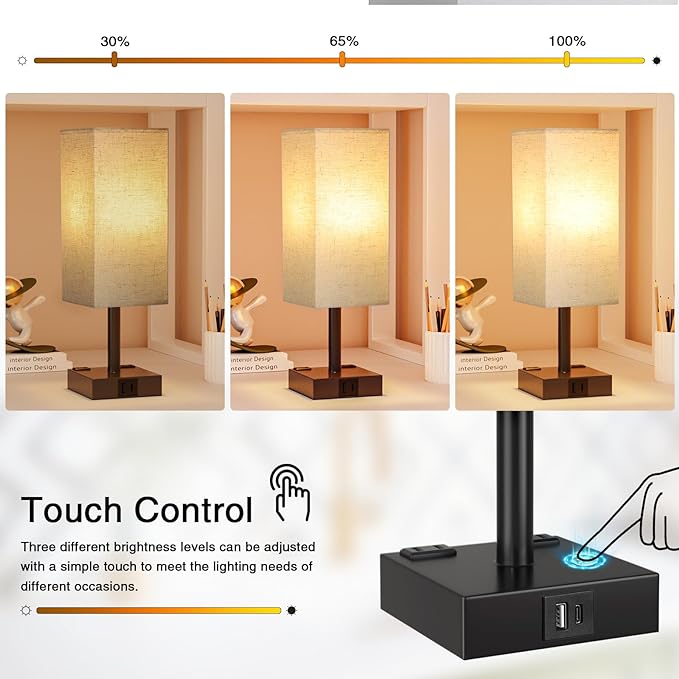 Beige Touch Table Lamp for Bedroom - Dimmable, USB C+A, 2 AC Outlets | 3-Way Dimming, 3000K Bulb Included, Square Beige Lampshade and Black Base, Desk Lamp for Nightstand, Living Room, Dorm - Image 2