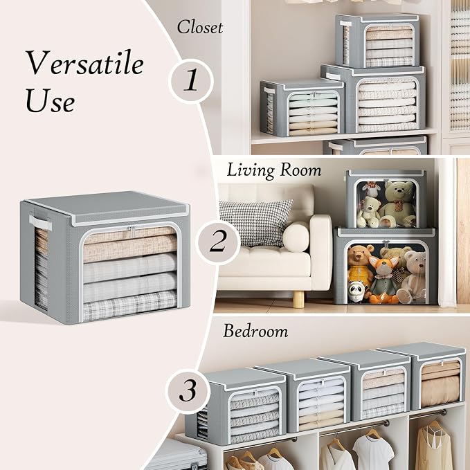 Yecaye Clothes Storage Bins with Metal Frame, Foldable Organizer Box, 40L | Stackable Zippered, With Lid, Clear Window＆ PU Leather Handles - Image 5