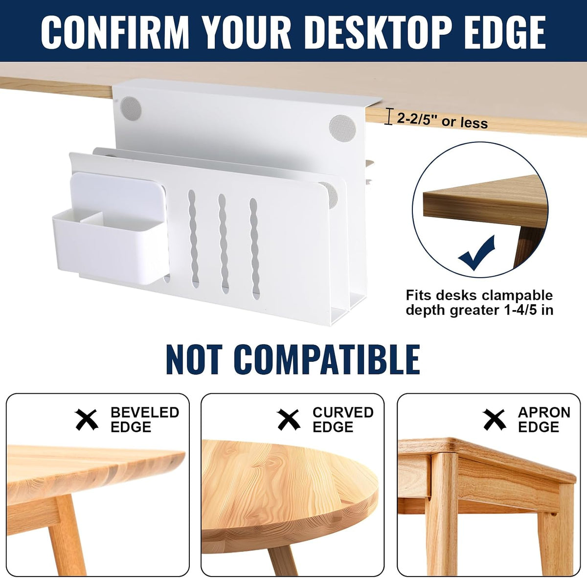2 Tie Desk Side Storage, Under Desk Laptop Holder, White - Image 3