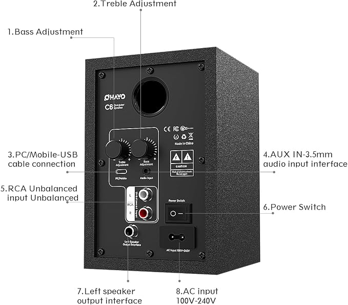 OHAYO 60W Computer Speakers for Music and Gaming, Active Bluetooth 5.3, Stereo 2.0 Speakers for Desktop PC or Laptop, 3.5mm Aux RCA USB Input, 1 Pair, Black - Image 7