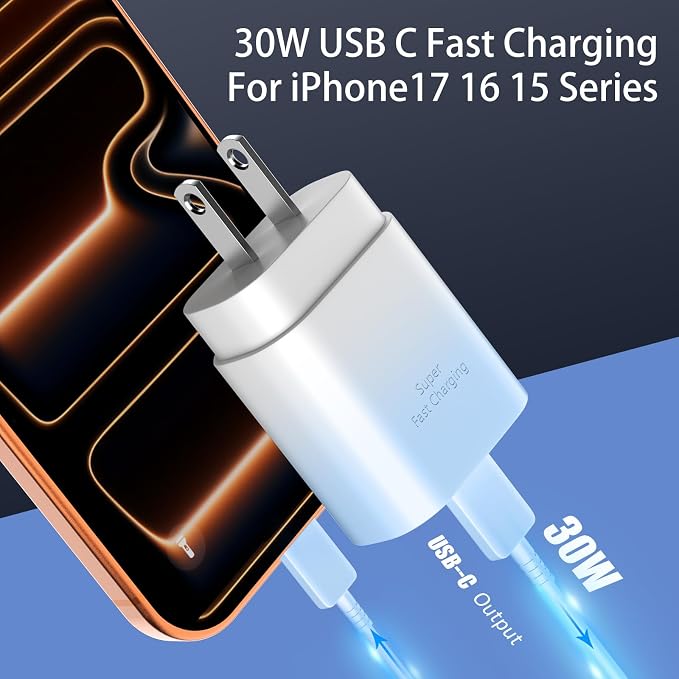 Phone 17 16 15 Charger Fast Charging,30W USB C Phone 17 16 15 Pro Max Charger Block&10FT Long Type C Cable Cord for i.Phone 17/Air/17 Pro/17 Pro Max/16/16 Pro/16 Pro Max/15/15 Pro Max,Blue Gradient - Image 2