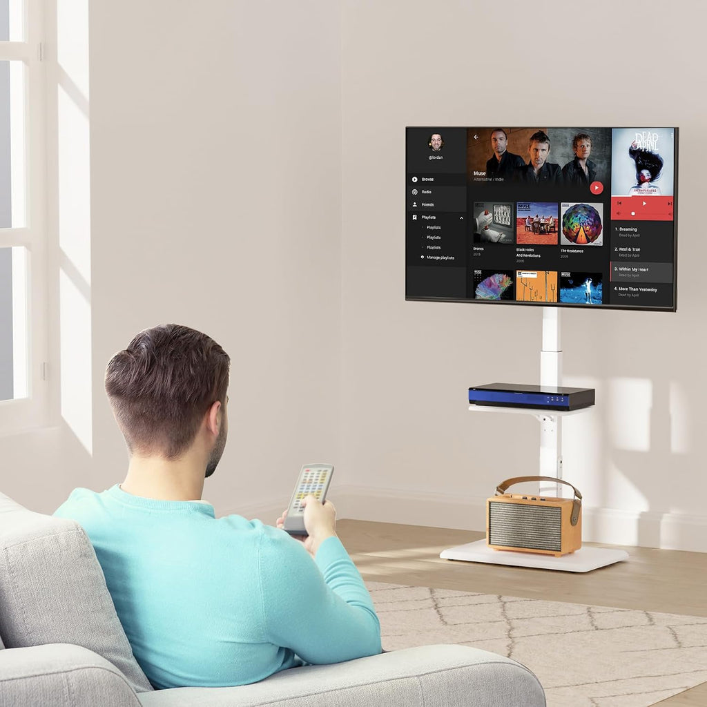 WALI Floor TV Stand with Power Outlet & AV Shelf, Tall TV Stand Mount for 36-75 inch TV up to 110 lbs, Swivel and Height Adjustable TV Stands with Wood Base for Bedroom, Office(TVDVD-6PW), White - Image 7