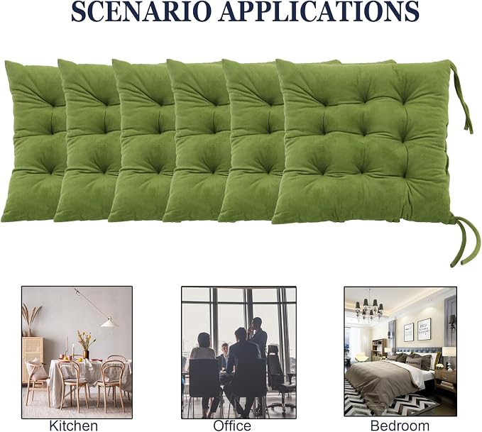 6 Pack Square Seat Cushion Chair Pads for Kitchen Dining Chairs, Soft Comfort Velvet Chair Mat Pillow Cushions with Ties for Office Desk Living Room Tatami 15.5", Green - Image 5