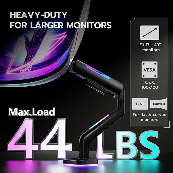 ARES WING Ultrawide Monitor arm with RGB for 17-49 Inch Screen, Black | Heavy Duty Gas Spring Single Monitor Arm, Adjustable Gaming Computer Monitor Arm for Desk up to 44lbs - Image 5