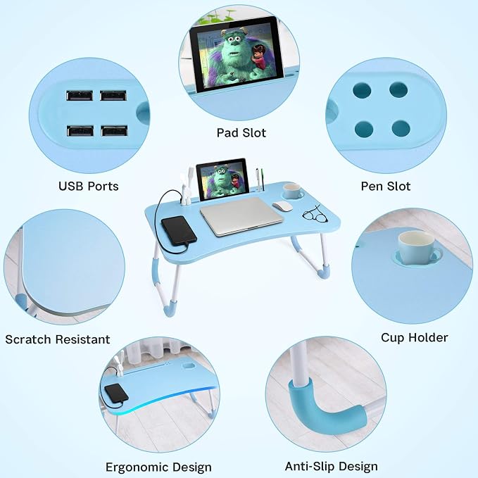 Slendor Foldable Lap Desk with Cup Holder for Bed, Couch, Floor | Portable,with USB Light, Fan, Pen Holder,Tablet Holder,for Laptop,Writing,Eating,Blue - Image 4
