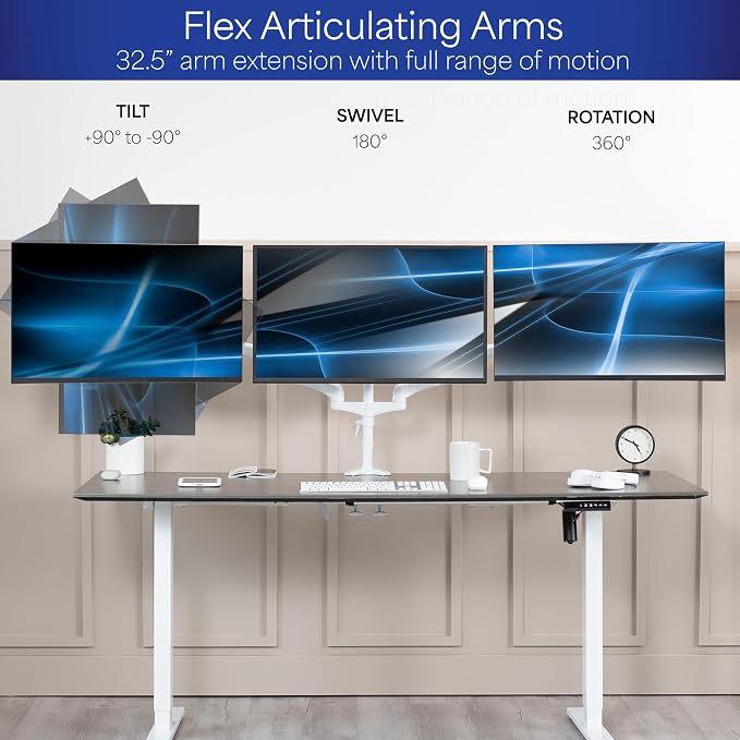 VIVO 17 to 32 inch Triple Pneumatic Monitor Mount, 2 Pneumatic Arms, 1 Fixed, Adjustable Swivel, Rotation, Heavy Duty VESA Desk Stand with C-clamp, Max VESA 100x100, White, STAND-V300GW - Image 3