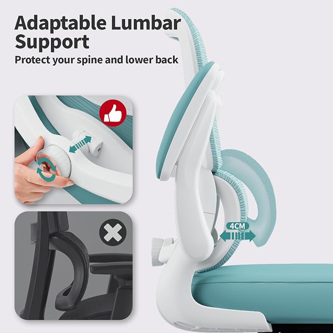 TRALT Office Chair - Ergonomic Desk Chair with Adjustable Lumbar Support, Mesh Computer Chair, Executive Chair for Home Office Comfortable Lumbar Support (1, Mint Green) - Image 4