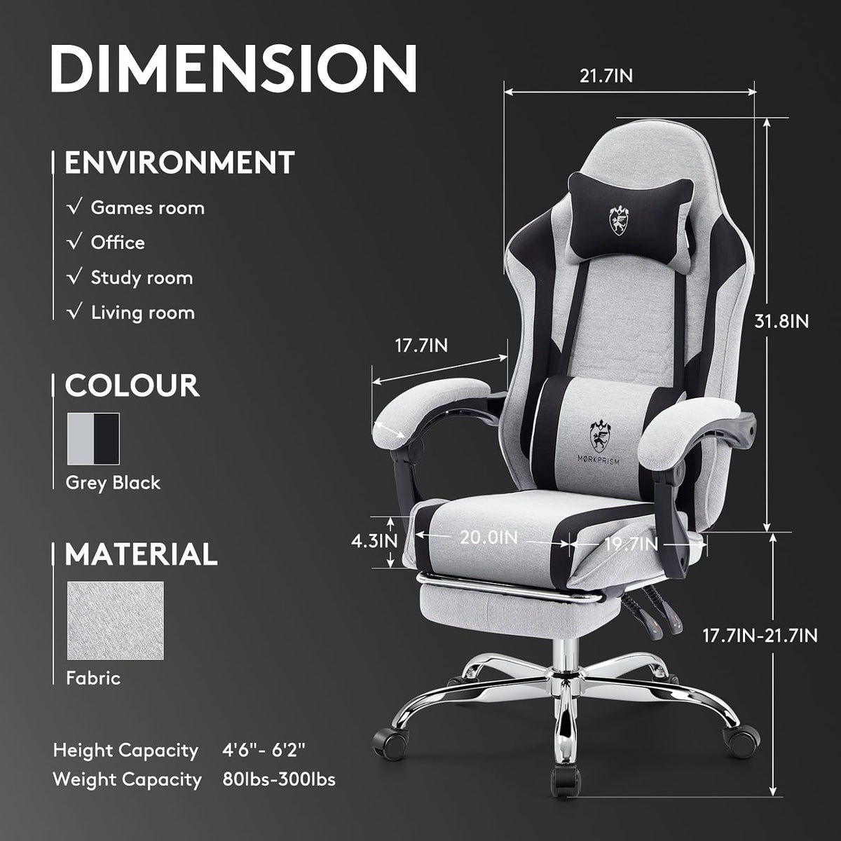 Gaming Chair,Office Chair with Massage,Gel Pad,Grey Black - Image 2