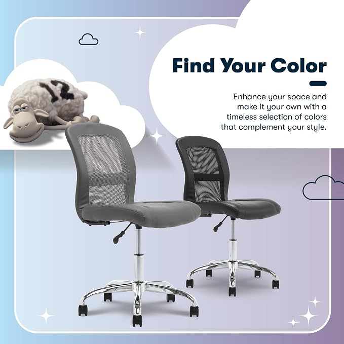 Serta Armless Small Home Desk Chair with Wheels, Ergonomic Mesh Back Chair | Essentials, Leather & Foam Cushion Seat, Adjustable Height, Small Vanity Chair for Bedroom, Desk Chair for Small Spaces, Gray - Image 11