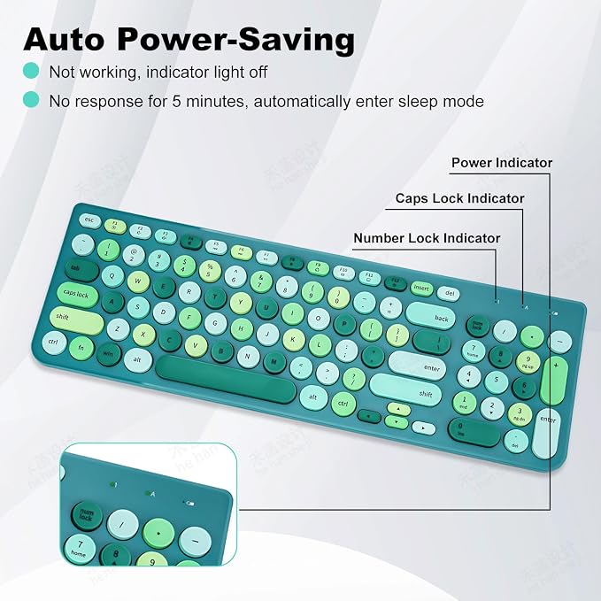 Wireless Keyboard and Mouse Combo, Retro Typewriter Keyboard with Round Keycaps, 2.4GHz USB Cute Wireless Keyboard Mouse for Computer, Desktop (Green) - Image 3