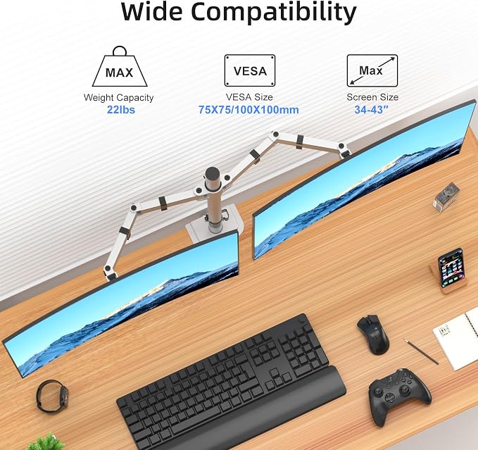 Suptek Dual Monitor Desk Mount, Adjustable Dual Monitor Arm for 2 Monitor Screens up to 43 inch, 15.75" Pole Monitor Stand for Desk, Holds up to 22 lbs,Silver(MD9442LS) - Image 8