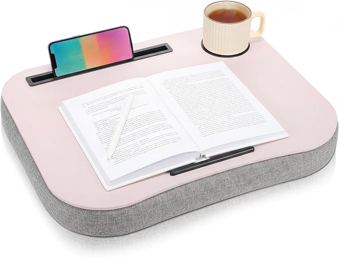 Lewtemi Pink Laptop Lap Desk with Cushion Cup Holder and Stopper Padded and Phone Holder Couch Bed Sofa Fits up to 15.6 Inch Portable Lap Desk for Home Office Study Writing by Lewtemi