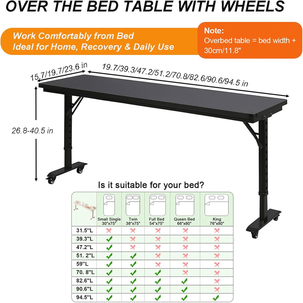 90.6" Overbed Table with Wheels for Queen Beds, Height Adjustable - Image 2