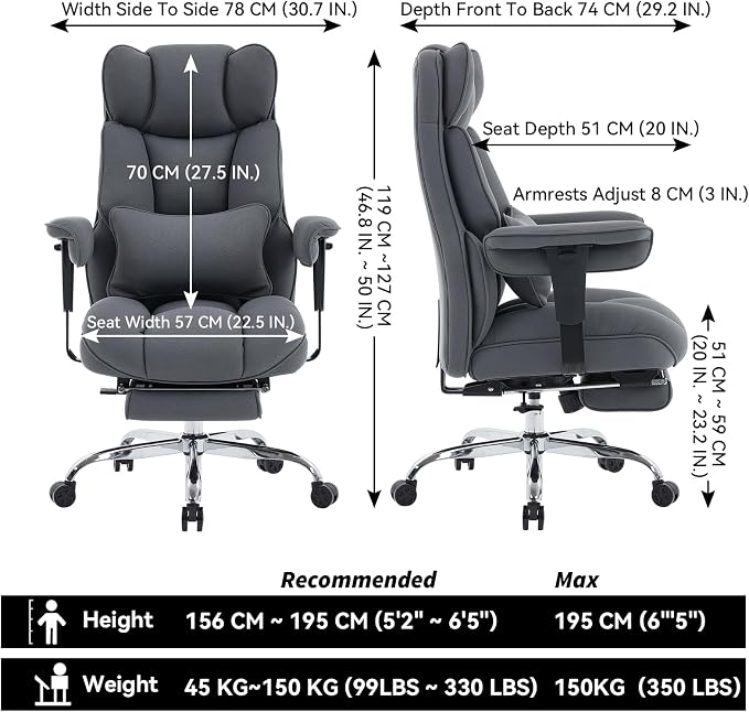 Efomao Executive Office Chair, Bluegrey Fabric Big and Tall Desk Chair | Breathable fabric, pocket spring & foam seat, retractable footrest, 135° recline for computer gaming setup - Image 2