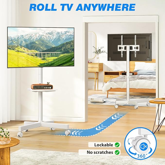 Rfiver Mobile TV Stand for 23-65 Inch Flat/Curved TVs up to 88 lbs White | Rolling TV Stand with Adjustable Shelf & Tilt, Portable Floor Stand on Wheels for Bedroom, Living Room, Max VESA 400x400mm - Image 4
