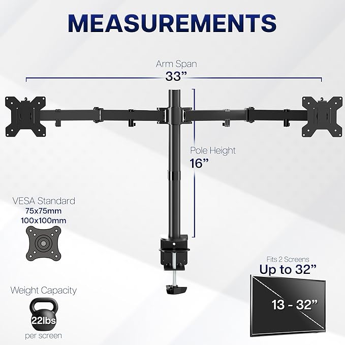 VIVO Dual Monitor Desk Mount, Heavy Duty Fully Adjustable Stand, Fits 2 LCD LED Screens up to 32 inches and 22 lbs Each, Black, STAND-V032 - Image 4