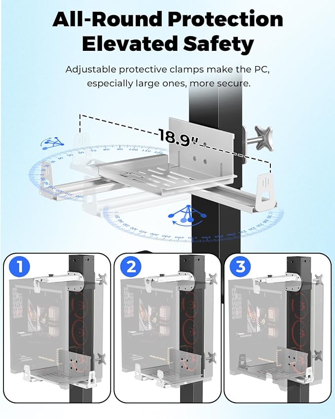 JOY worker Under Desk PC Mount with Protective Arms, Clamp-On Leg CPU Mount | No Drilling, Clamp-On Desk Leg, White Adjustable Standing Desk PC Mount Holds Up to 44lbs, Under Desk Computer Tower Holder - Image 4
