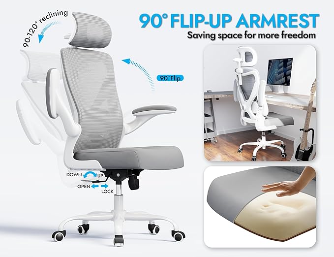 Ergonomic Office Chair: Mesh Desk Chair Comfy with Headrest& Lumbar Support | Ergalithic Big and Tall Office Chairs with Wheels & Flip-Up Arms-Computer Gaming Chairs for Adults Home Office Chairs(Grey) - Image 4
