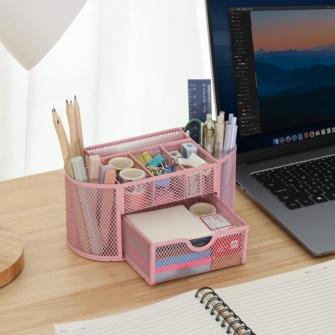 EOOUT Pink Desk Organizer Mesh Pencil Holder 8 Compartments 1 Drawer | Pink Desk Accessories, 8 Compartments, Pull-Out Drawer, for Pens Pencils Scissors Notes, School and Office Supplies - Image 6
