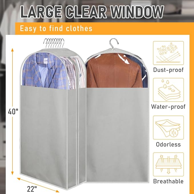 MISSLO 10" Gusseted Garment Bags for Hanging Clothes 40" Clear Suit Bags for Closet Storage Suits Cover Coat Protector, 3 Packs, Grey - Image 5