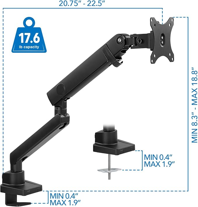 Mount-It! Single Monitor Desk Mount, Top-Mount Arm, 17-32" Screens | Full Motion Tilt Swivel Rotate, Holds up to 17.6 lbs, VESA 75x75/100x100, C-Clamp & Grommet Base, Height Adjustable - Image 8