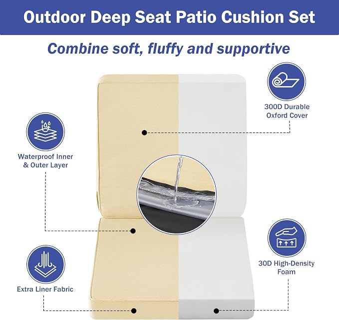 IPYNBAP Outdoor Cushions, Outdoor Chair Cushions 22x22x3 Inch, Cushions for Outdoor Furniture with Removable Cover, Waterproof & Fade Resistant Outdoor Seat Cushions for Patio, Lawn, Beige - Image 3
