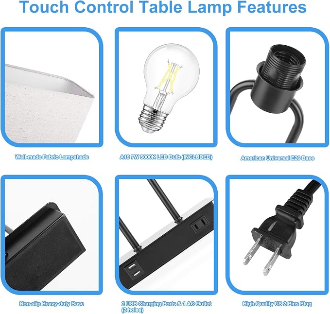 Bedside Touch Control 3 Way Dimmable Table Lamp with Cream Fabric Shade | Dual USB Charging Ports 1 AC Outlet, Modern Nightstand Lamp, Desk Lamp for Bedroom Living Room Office with 5000K LED Bulb - Image 5