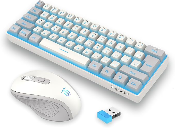 Snpurdiri 2.4G 60% Wireless Gaming Keyboard and Mouse Combo, Grey-White | Include Mini 60% Gaming RGB Backlit Keyboard, Ergonomic Vertical Feel Small Wireless Mouse by Snpurdiri