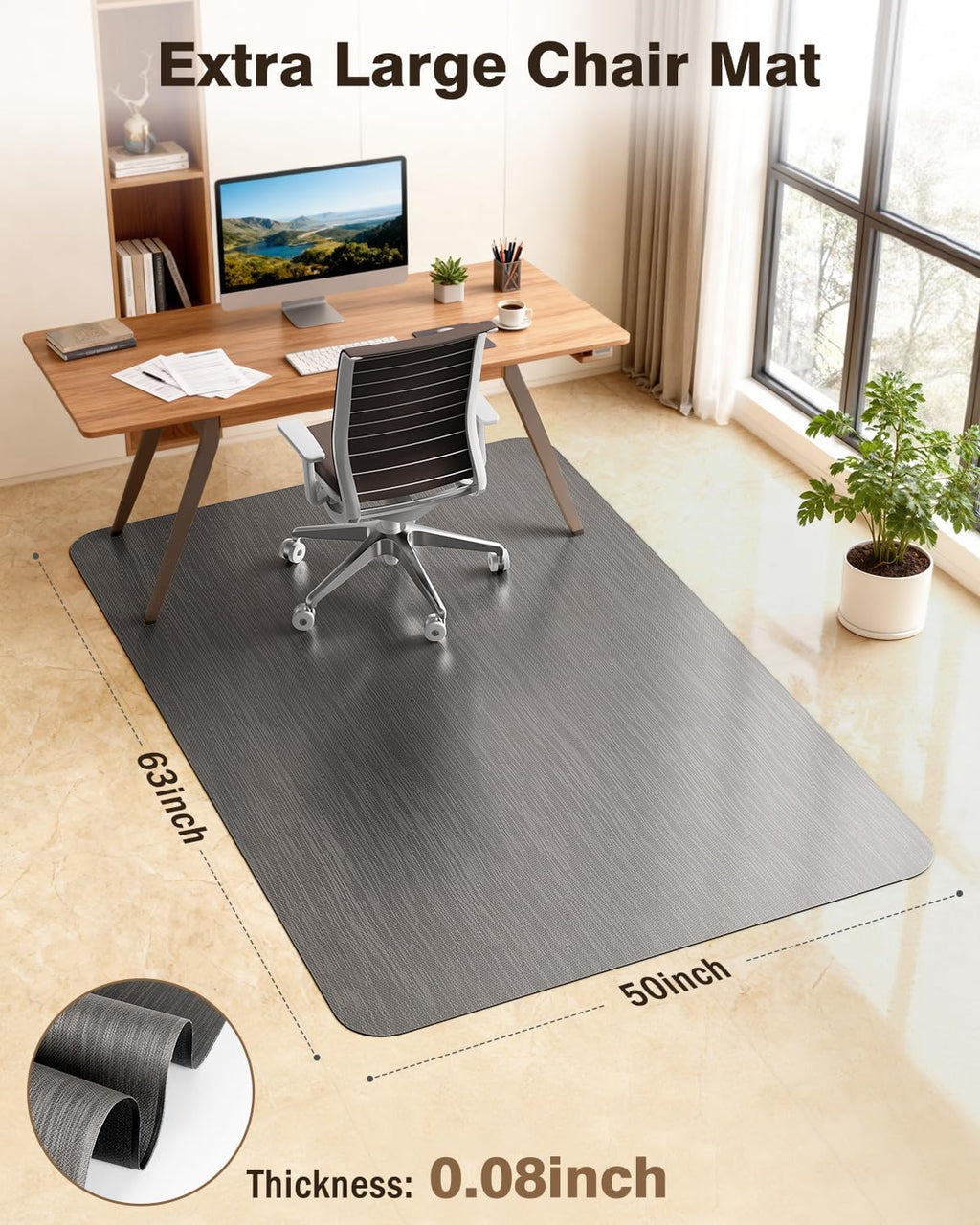 Ultra Large Office Chair Mat for Hardwood Floor, Rolling Chair Mat for Hard Wood, Large Anti-Slip Hard Floor Protector, Heavy Duty Computer Desk Rug for Office and Home 50"*63" Grey - Image 2
