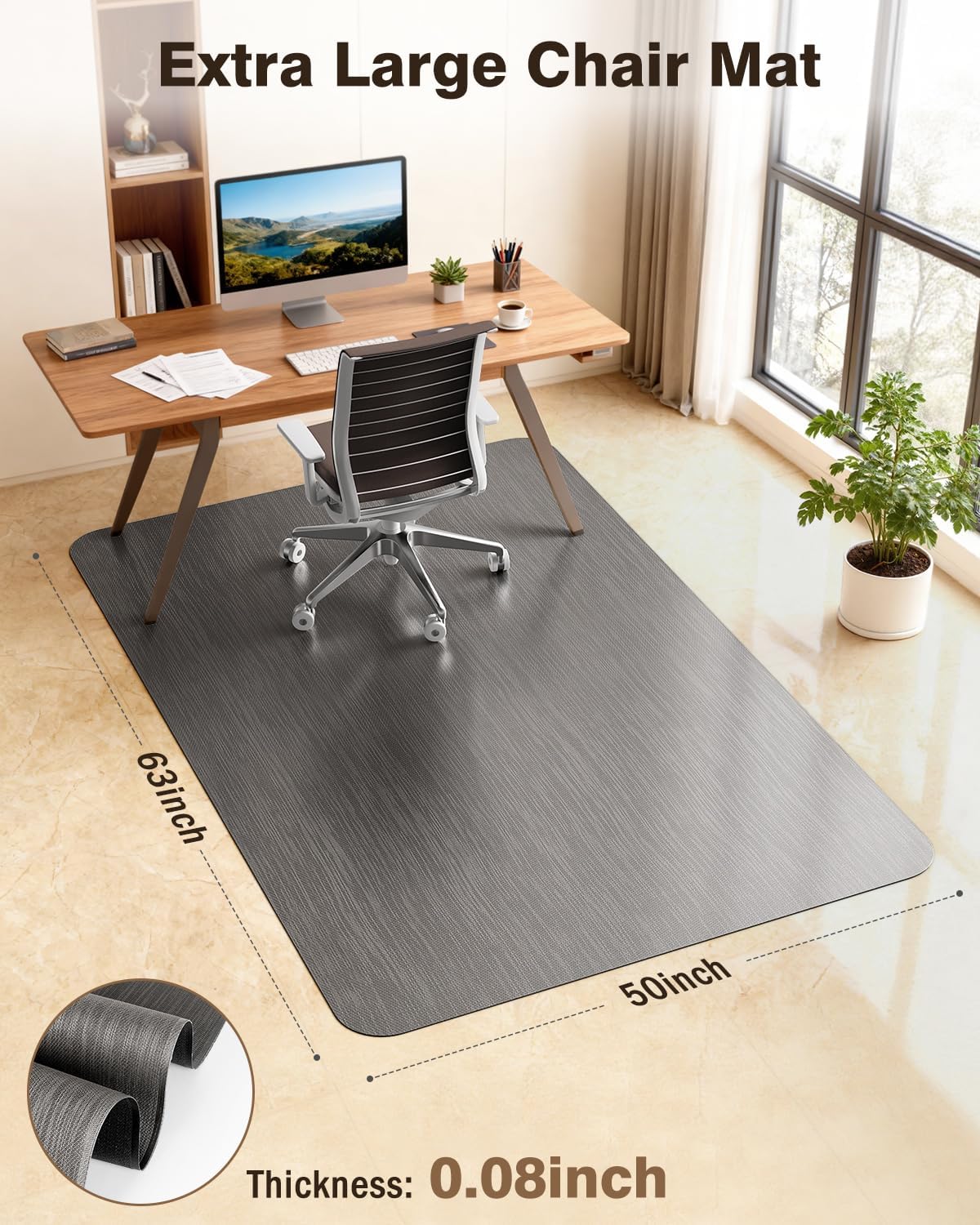 Ultra Large Office Chair Mat for Hardwood Floor, Rolling Chair Mat for Hard Wood, Large Anti-Slip Hard Floor Protector, Heavy Duty Computer Desk Rug for Office and Home 50"*63" Grey - Image 2