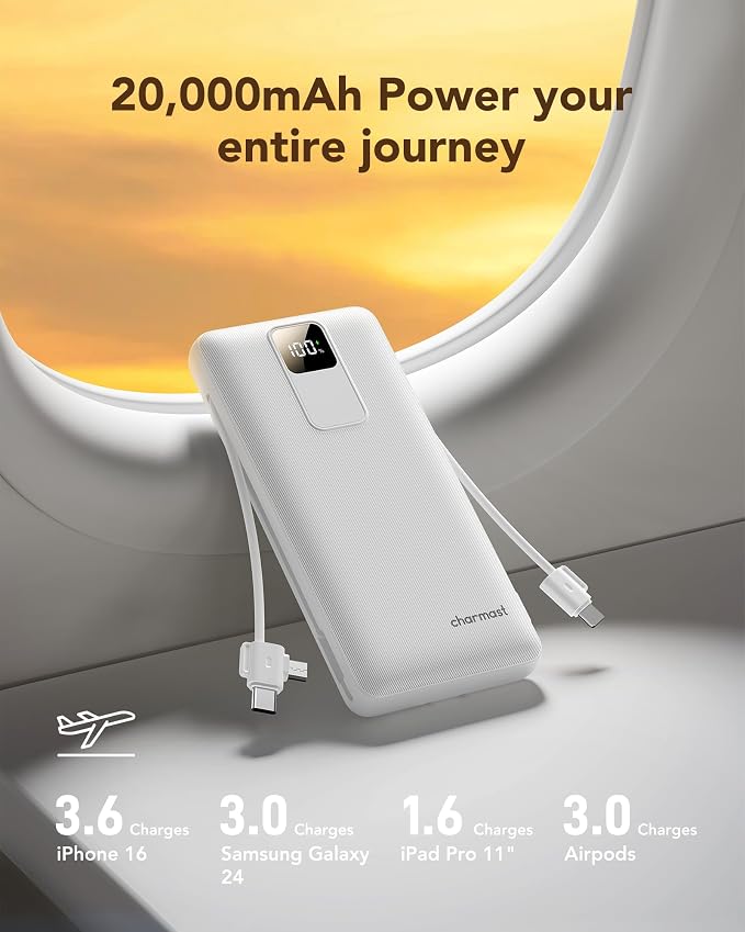 charmast 20000mAh Portable Charger with Built-in Cables and AC Wall Plug | 20W Fast Charging Power Bank, Power 3 Devices at Once, Family Travel Essential Battery Pack for iPhone, Samsung, Android - Image 5