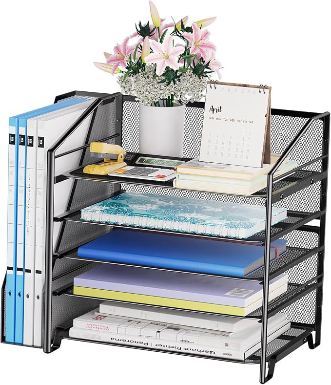 Simple Trending 5-Tier Desk File Organizer, Paper Organizer, Black | Adjustable Letter Trays, Side File Shelf, Durable Steel Mesh, Space Saving, for Home Office, 15.4"L x 9"W x 13"H by SimpleTrending