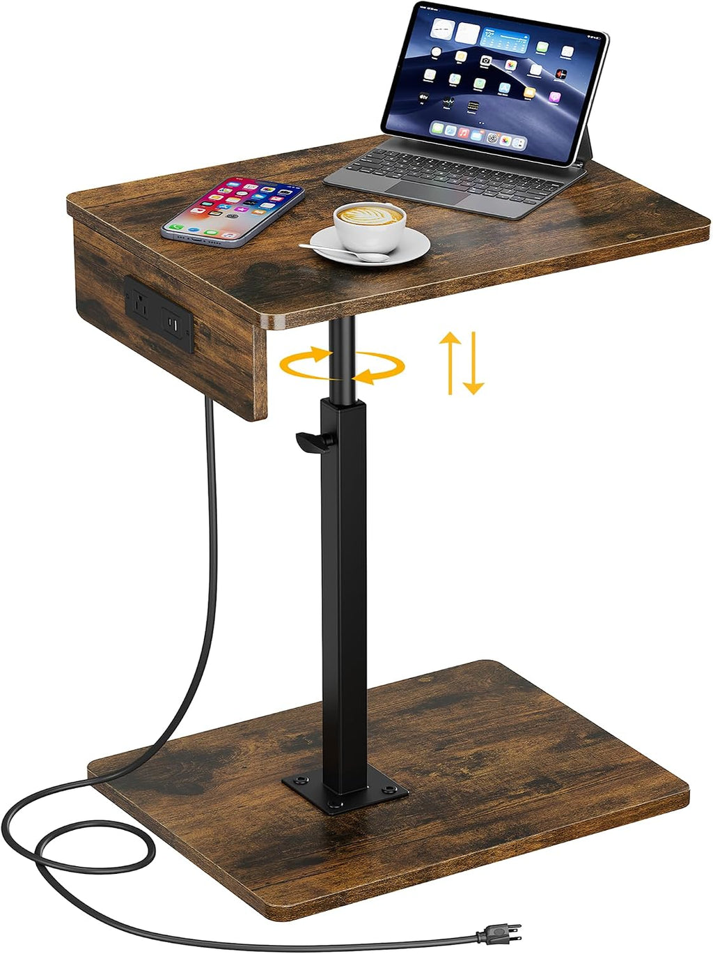 C Shaped End Table with Charging Station, Adjustable Height C Table End Table, 360°Swivel TV Tray Table for Small Spaces, Rounded Corners Couch Table, Side Tables Living Room for Sofa,Chair,Snack,Bed by Vagusicc