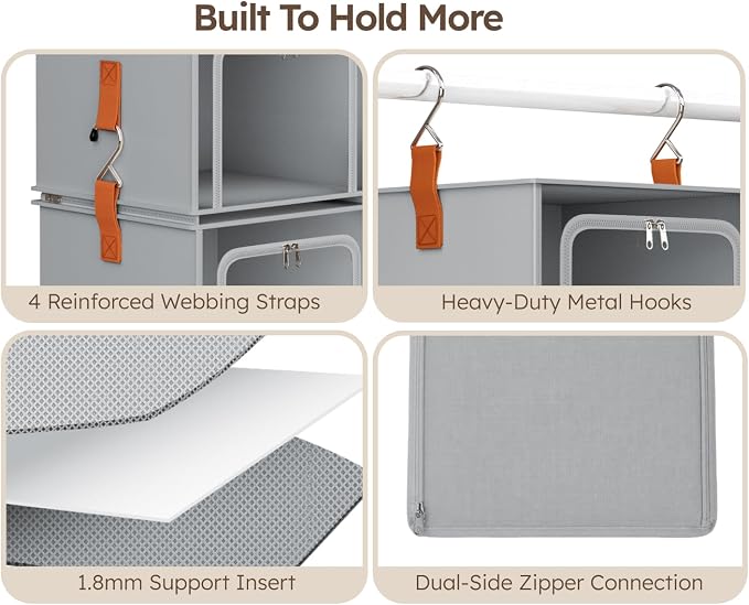 Homsorout 4-Tier Modular Hanging Closet Organizer Shelves Grey | 40.9" Height, 2+2 Modular Design, Vertical Closet Storage, Clear Window, Easy Access, Walk-in Closet, Bedroom, Nursery, RV - Image 6
