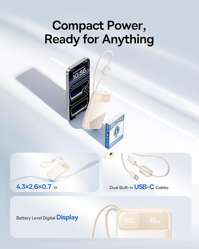 Baseus 45W Ultra Slim 10000mAh Power Bank Built-in USB-C Cables, CCC Certified Portable Charger, Travel Essential Fast Charging Pocket Size Phone Battery Pack for iPhone 17 16 Samsung S25 S24 iPad - Image 2