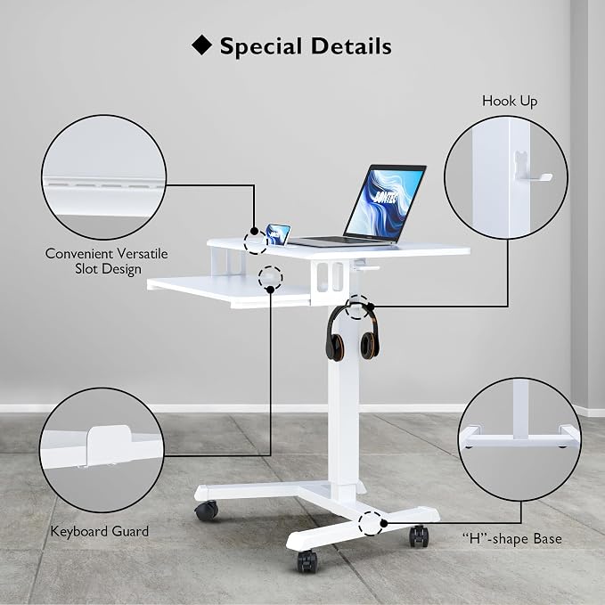 BONTEC Mobile Standing Desk with Keyboard Tray, Mobile Podium on Wheels | Rolling Laptop Sit Stand Desk, Adjustable Height Desk Up to 33lbs, Portable Computer Workstation Cart for Living Room, White - Image 5