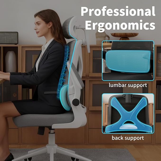 Ergonomic Office Chair - Desk Chair with Adjustable Headrest Lumbar Support Computer Chair - Mesh Comfy Chair with Flip-up Armrests - Gaming Chairs for Adults Home Office (Black+Black) - Image 8