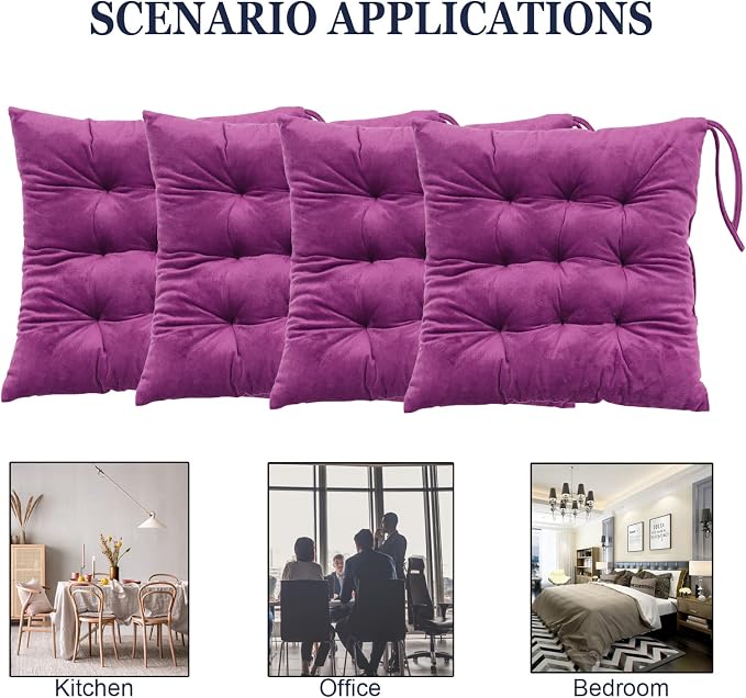 Set of 4 Square Chair Pads Indoor Seat Cushions Pillows with Ties Soft Comfortable Non Slip Chair Mat for Kitchen Dining Office Desk Living Room Outdoor Tatami 15.5" - Purple - Image 5